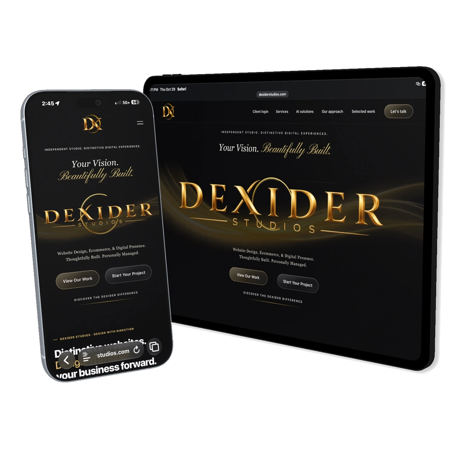 Dexider Studios website displayed on an iPhone and iPad