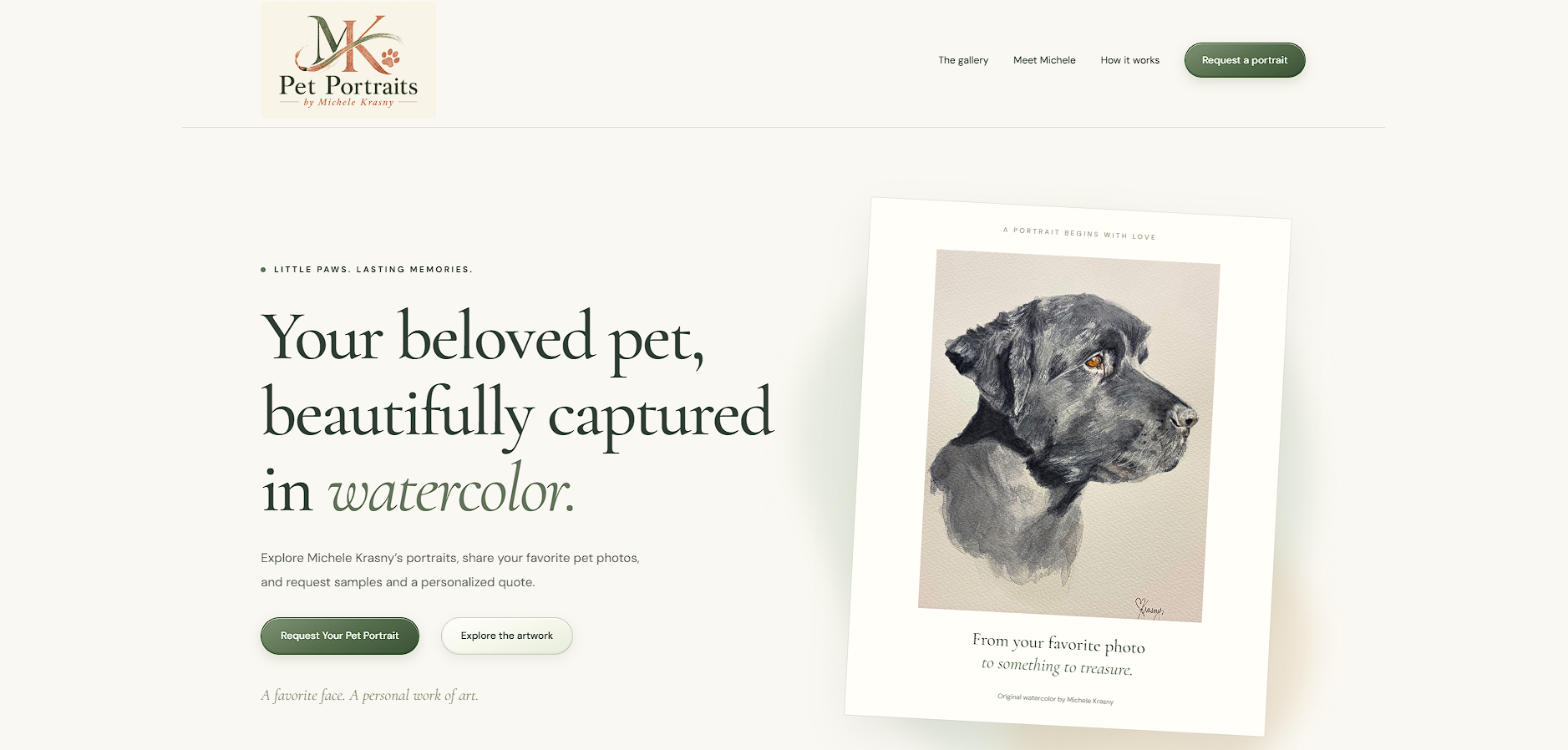 Live Pet Portraits by Michele Krasny homepage featuring a watercolor dog portrait