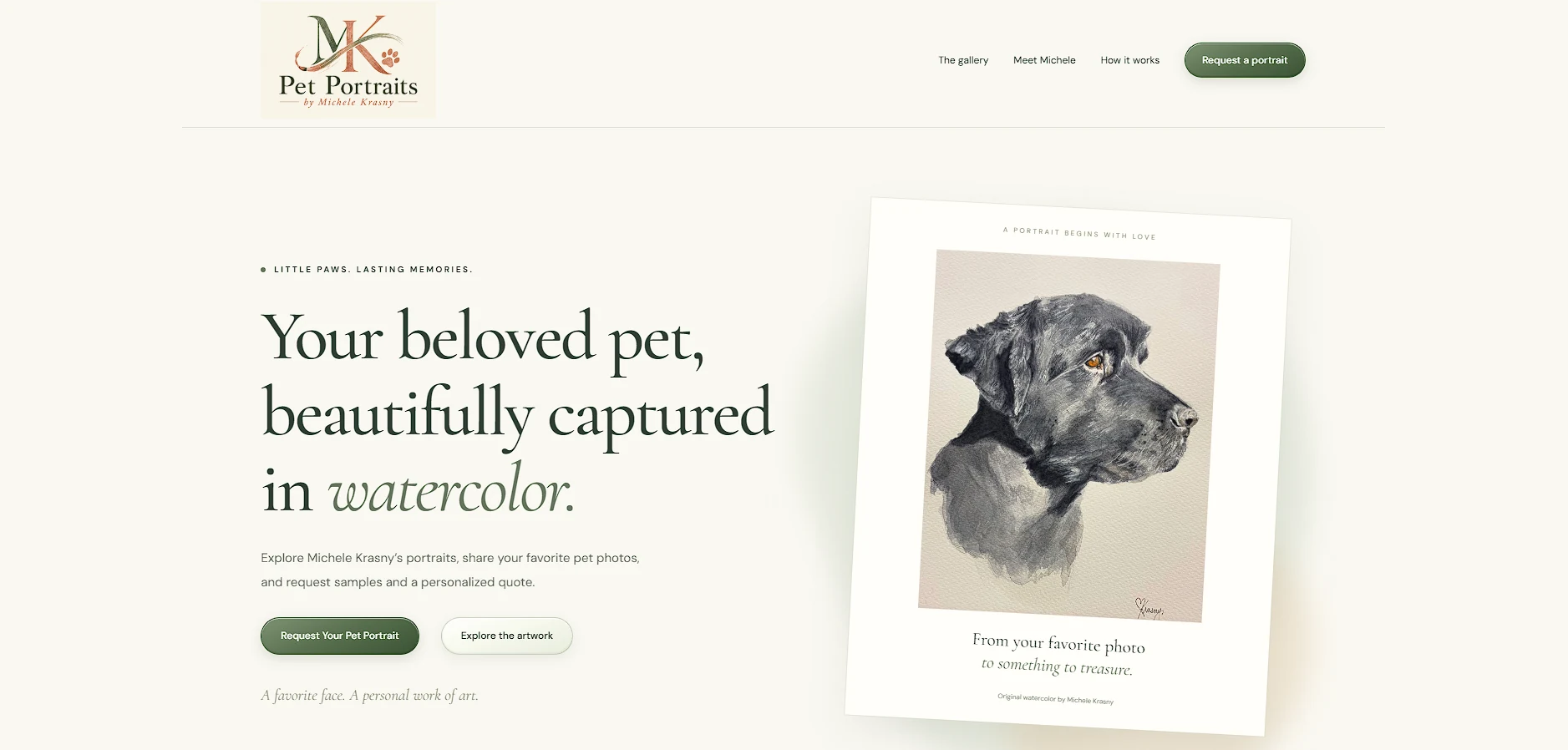 Pet Portraits by Michele homepage featuring a watercolor dog portrait and Request Your Pet Portrait button