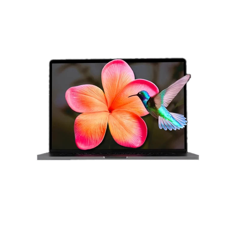A vivid hummingbird and pink flower emerging from a laptop screen.