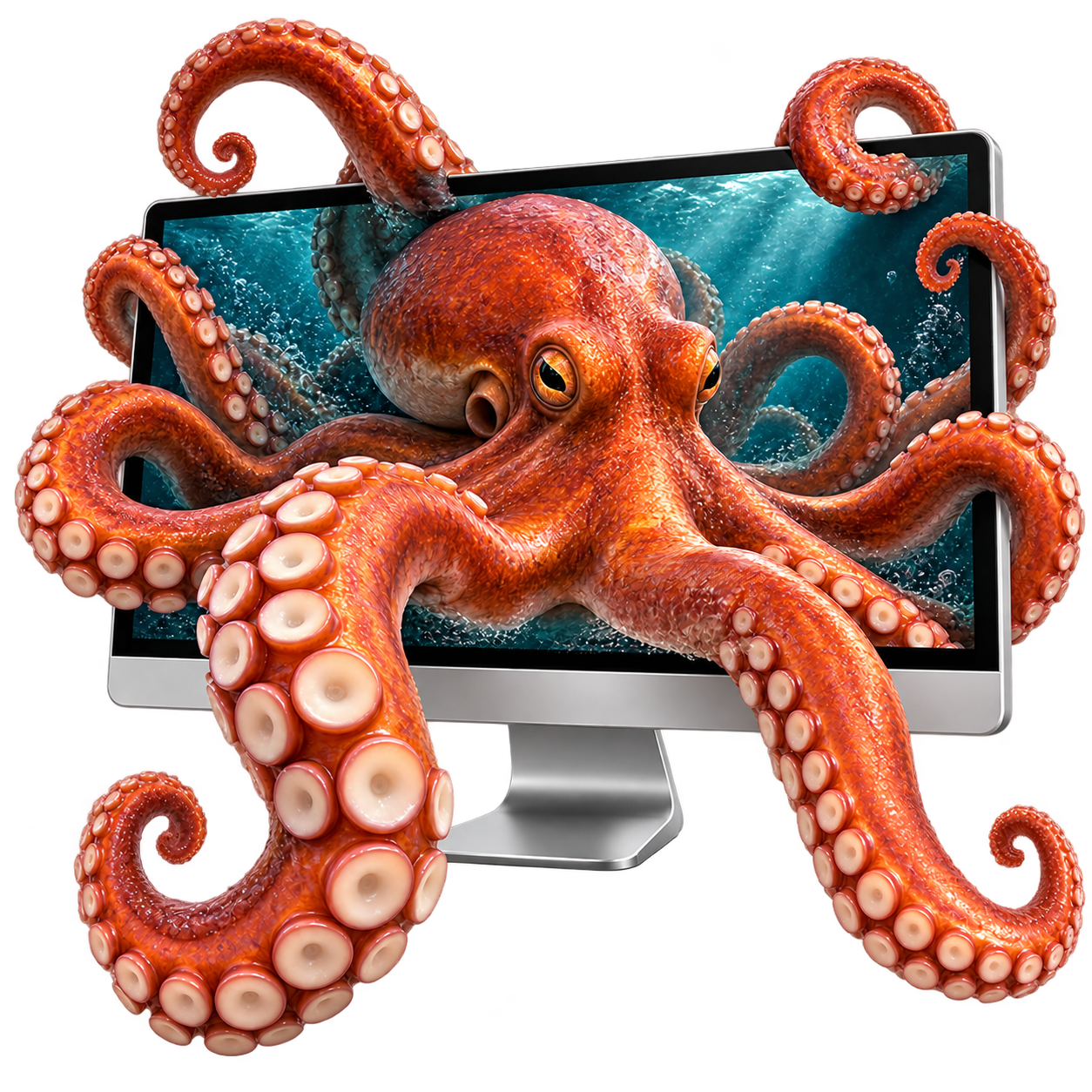 A vivid copper-red octopus emerging from a desktop monitor, with curling tentacles wrapping over the frame and reaching toward you.