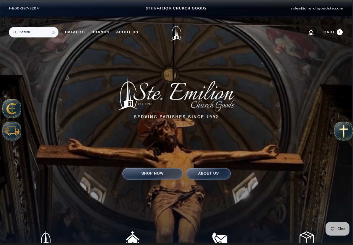 Live Ste. Emilion Church Goods homepage showing its church interior hero and storefront navigation