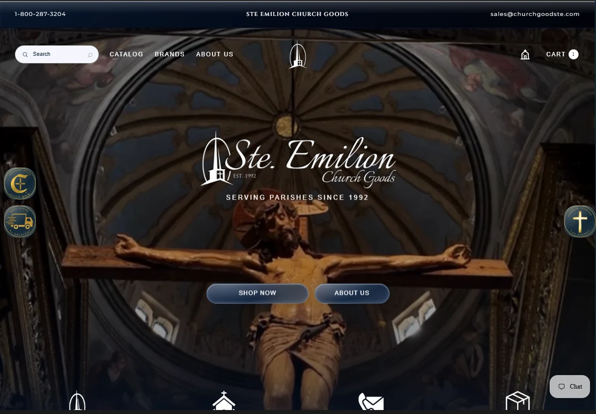 Ste. Emilion Church Goods homepage with a church interior hero, catalog navigation and Shop Now button